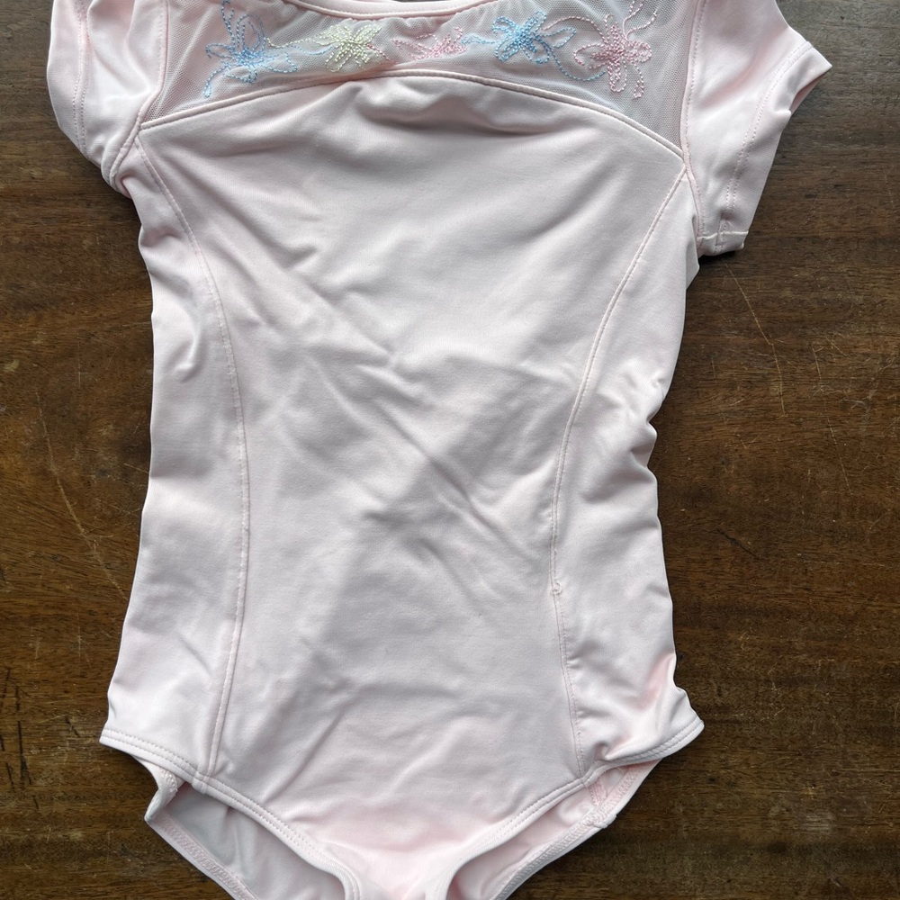 Mirella Light Pink Short-Sleeve Girls One-Piece Leotard with Pastel Embroidery